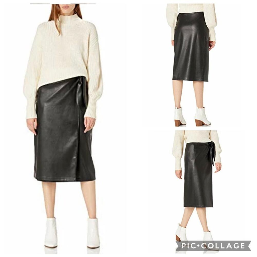 NEW The Drop BLACK Manon Faux Leather Wrap Front Midi Skirt SZ L SUEDE LINED